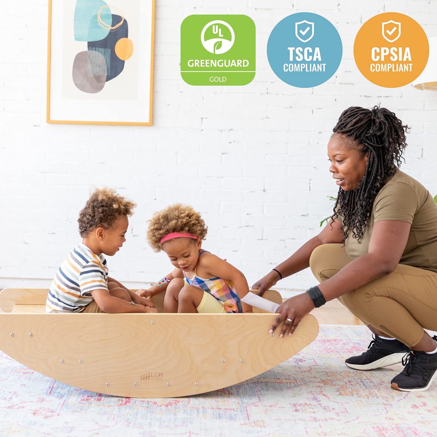 ECR4Kids Rocking Boat and Steps 2-in-1 Wooden Play Center, Montessori Furniture, Natural