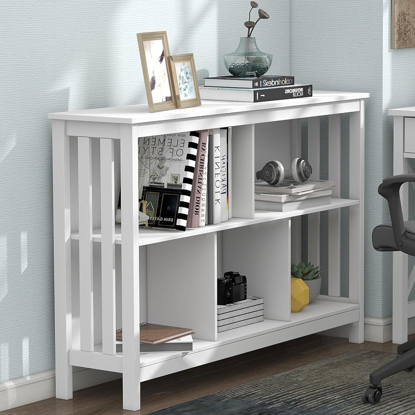 TaoHFE Horizontal Bookshelf - Modern Minimalist 2-Tier Book Shelf with Storage, Short Wide Wood Bookshelf for Classroom, Office, Living Room or Study, White