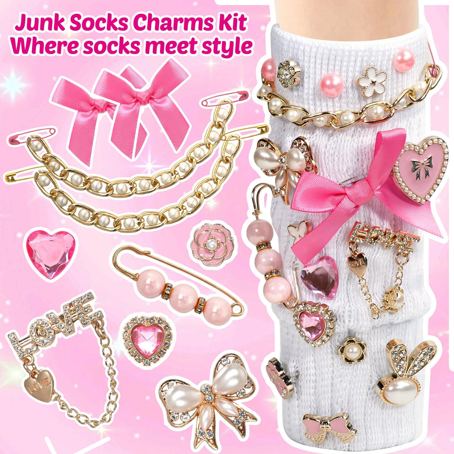 Lugailly Shoe Charms for Sneakers, Junk Socks Charms Kit, 100 PCS Pink Sneaker Charm for Women Teen Girls with Satin & Lace Shoelaces, Cute Shoelace Charm for Shoe Jewelry Decoration Accessories