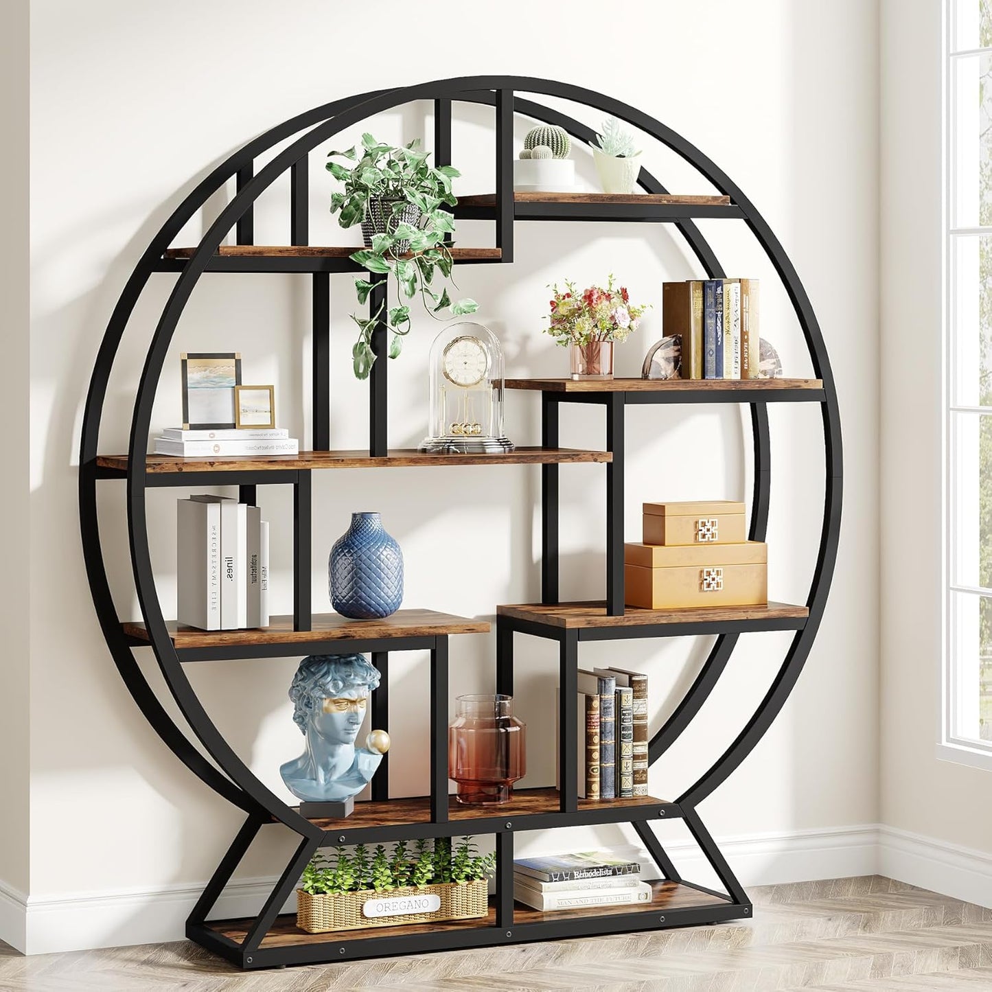 Tribesigns Bookshelf, Round Bookshelves Etagere Bookcase, 63 Inch Industrial Wood Book Shelf with Staggered Shelves, Rustic Open Shelving Organizer Rack Display Shelf for Home Office, Living Room