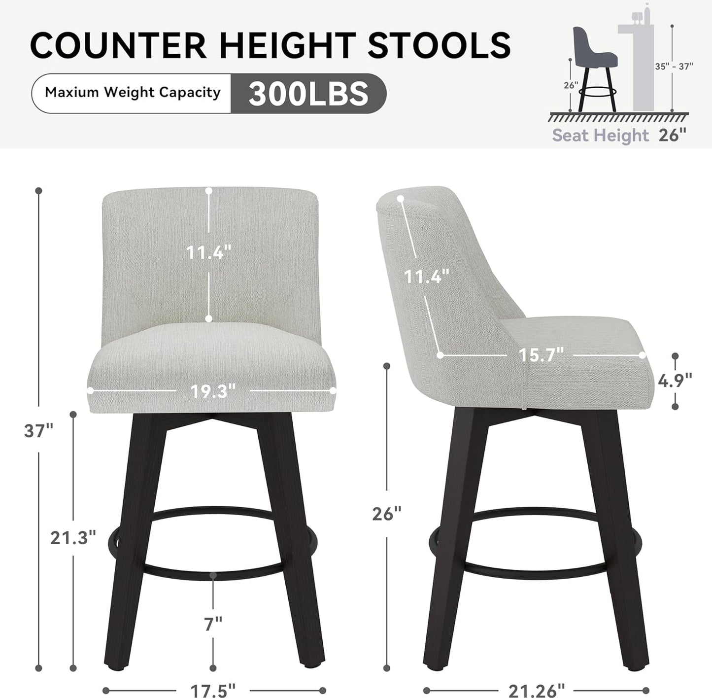 Counter Height Swivel Bar Stools Set of 2, 26 Inch Bar Stools with Footrest, Linen Fabric Upholstered Barstools with Back and Solid Wood Legs for Kitchen Island, Dining Room,Pub,White
