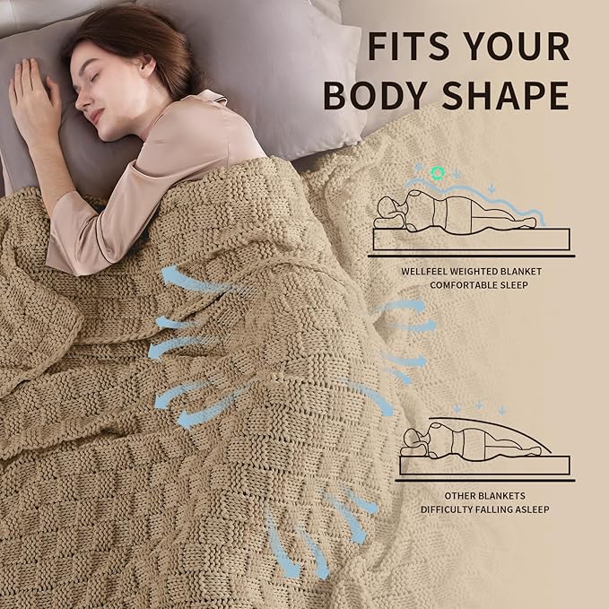 Knitted Weighted Blanket for Adult, No Beads Heavy Blanket 50” x 60'' 10lbs, Breathable Chunky Knit Blanket, Cooling Weighted Blanket for Hot Sleepers, Christmas Home Decor (Camel)