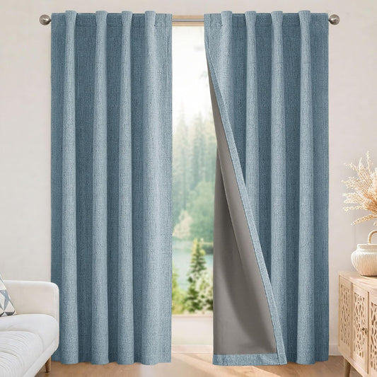 Joydeco 100% Blackout Curtains for Bedroom - Natural Linen Curtains 66" W x 90" L Long, Thermal Insulated 2 Panels Light Blocking Drapes, Rod Pocket & Back Tabs, Darkening Privacy for Living Room