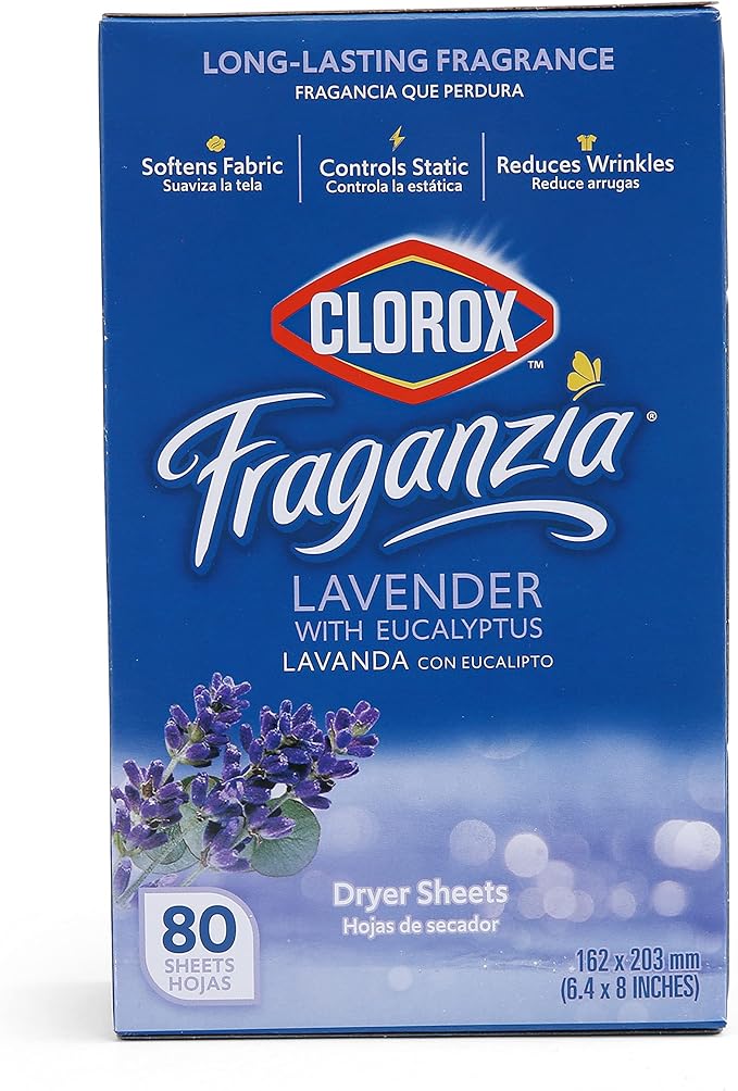 Clorox Fraganzia Fabric Softener Dryer Sheets, Lavender Scent - Wrinkle Reducing Scented Softening Laundry Dryer Sheets for Great Smelling Clothes, 80 Count