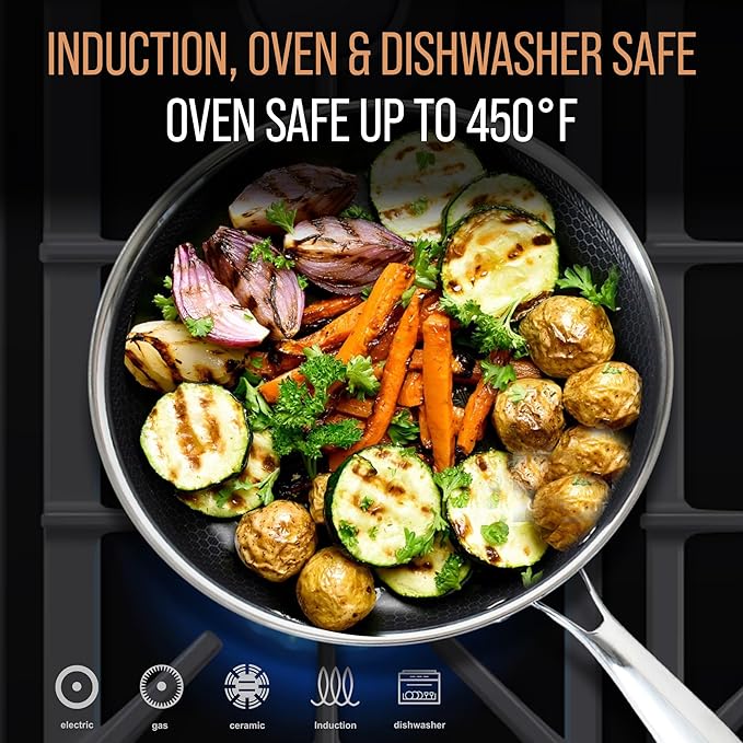Stainless Steel Frying Pan Set, Sartenes de Acero Inoxidable 3-Piece Honeycomb Nonstick Skillets 8", 10", 12" With Lids, Spatula, Oven & Induction Compatible, Dishwasher Safe Pan Set