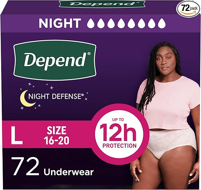 Depend Night Defense Adult Diapers, Incontinence & Postpartum Bladder Leak Underwear for Women, Disposable, Overnight, Large, Blush, 72 Count, Packaging May Vary