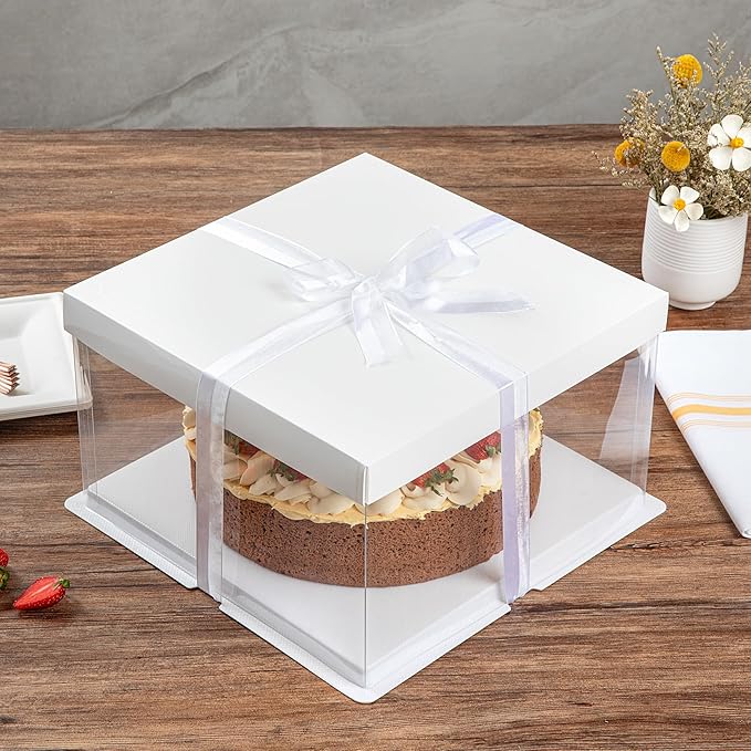 Restaurantware-Sweet Vision 10 Inch x 8.25 Inch Transparent Cake Boxes, 10 Grease Resistant Base Clear Cake Boxes - White Lid, Gray Ribbon, Plastic Birthday Box, For Weddings Or Birthdays