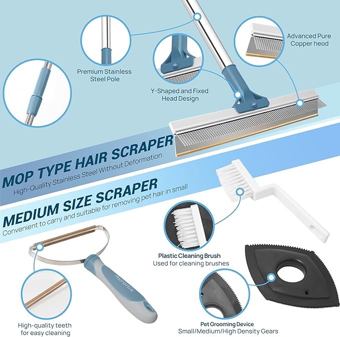 7 in 1 Carpet Rake for Pet Hair Removal with 51” Adjustable Pet Hair Removal Broom for Rugs, Mats and Couch