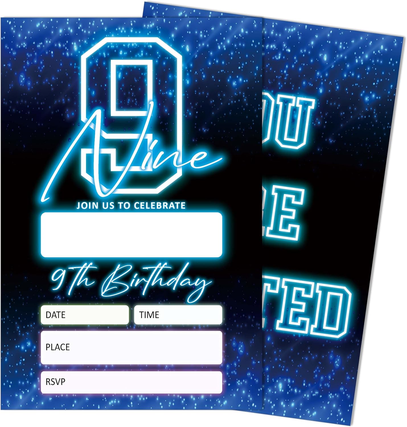 SIXEIGHT Blue 9th Birthday Party Invitations for Kids, Glow Neon 9th Birthday Invitations for Boys Girls, 20 Pack Blue Invites with Envelopes, Glow Neon Party Decorations Supplies, 4"x6"-C09