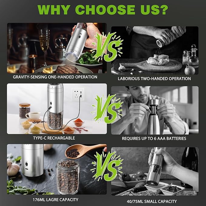 Gravity Salt and Pepper Grinder Set, Electric Salt and Pepper Grinder, Refillable Pepper Mill with Adjustable Coarseness & LED Light, Upgraded Large Capacity Rechargeable Pepper Grinders for Kitchen