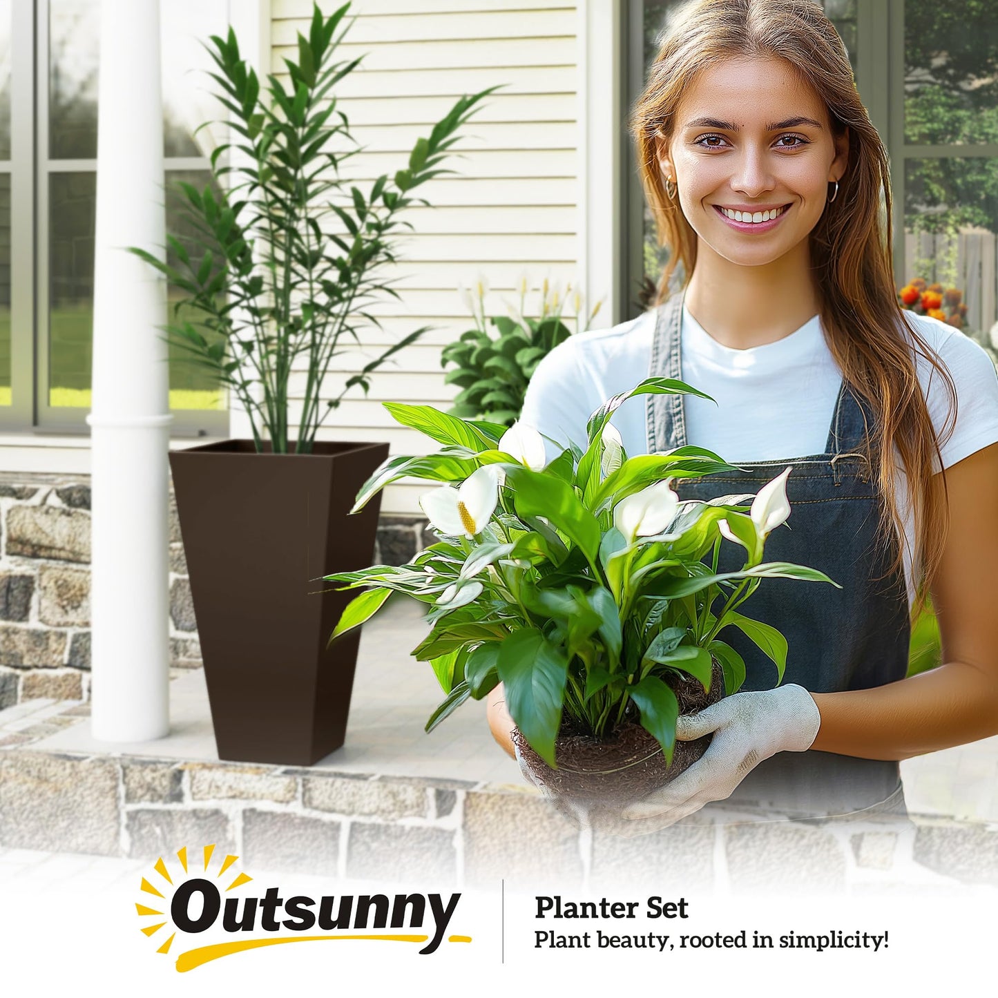 Outsunny Tall Planters for Outdoor Plants Set of 3, 28 in Taper Planters with Drainage Holes, Indoor Grande Plant Pots, Front Porch Decor, Brown