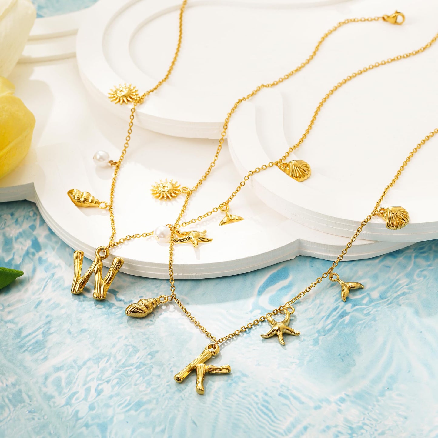 SLOONG Initial Charm Necklace 14K Gold Plated Letter Neckalce Freshwater Pearl Necklace Choker Boho Summer Seashell Beach Starfish Surfer Jewelry Gifts for Women Z