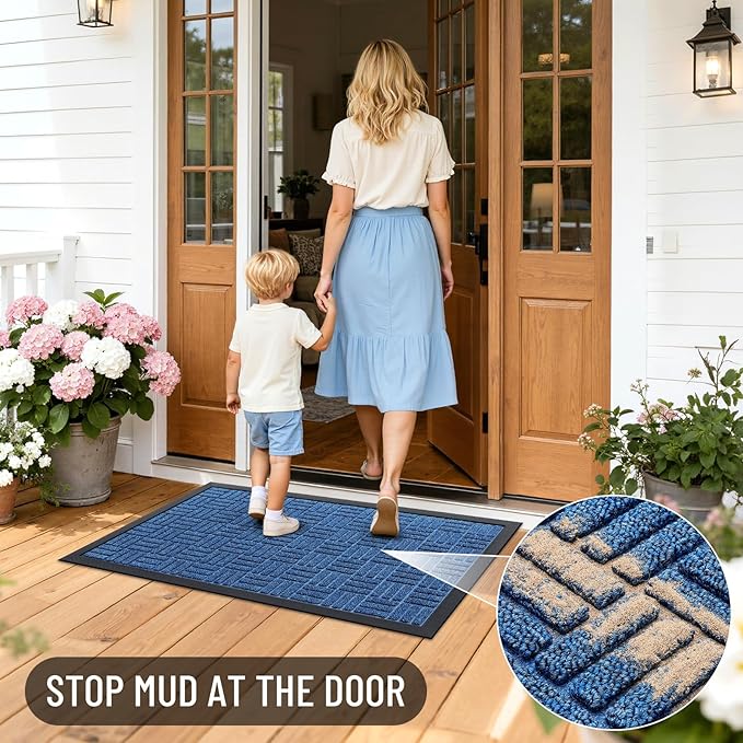 OLANLY Front Door Mat Outside Entrance 33x21, Absorbent, Heavy Duty Sturdy Natural Rubber Doormat Indoor Outdoor, Non-Slip, Stain and Fade Resistant, Low Profile Floor Mat for Entryway, Ocean Blue