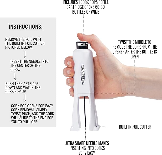 Cork Pops Legacy Wine Opener Built-in 4-Blade Foil Cutter Safe Cork Removal, Effortless Push Button Use, Needle Guard for Safety, Low-Pressure Cartridge Opens Up To 60 Bottles