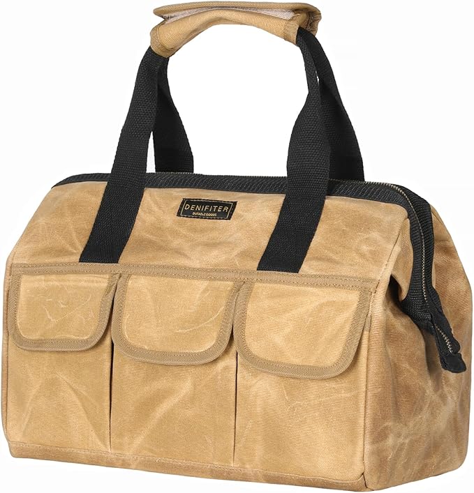 Tool Bag, 15-inch Heavy Duty Wide Mouth Water-Resistant Tool Bag, Tool Tote with Handle for Tools, Wrenches, Screwdrivers (15 X 7.8 X 11.5 inch) | Khaki