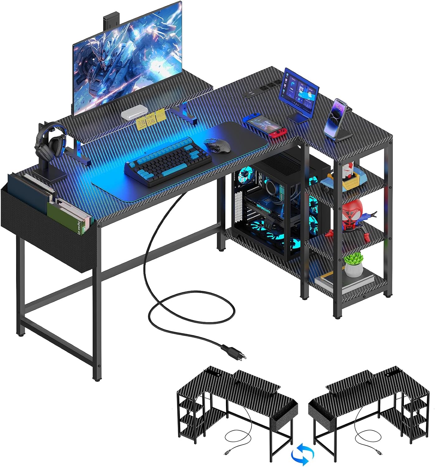 40 inch Gaming Desk with USB Power Outlet and LED Light- Reversible L Shaped Desk with Storage Bag,Computer Desk with Adjustable Monitor Stand& Storage Shelves and CPU Stand,Corner Desk Table