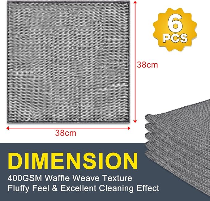 ITTAHO Waffle Weave Microfiber Towel, Reusable Absorbent Cleaning Cloth, Kitchen Towels, Dusting Cloth Lint Free Cleaning Rags for House, Kitchen, Window, Workshops, 6 Pack, 14 x 15 Inches