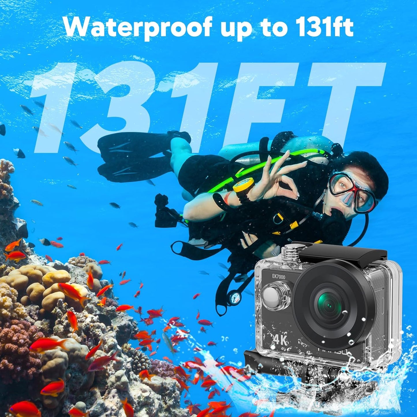 AKASO EK7000 4K30fps Action Camera - 131ft Waterproof Camera with EIS 4X Zoom Remote Control Ultra HD 20MP Underwater Camera with Accessories Kit
