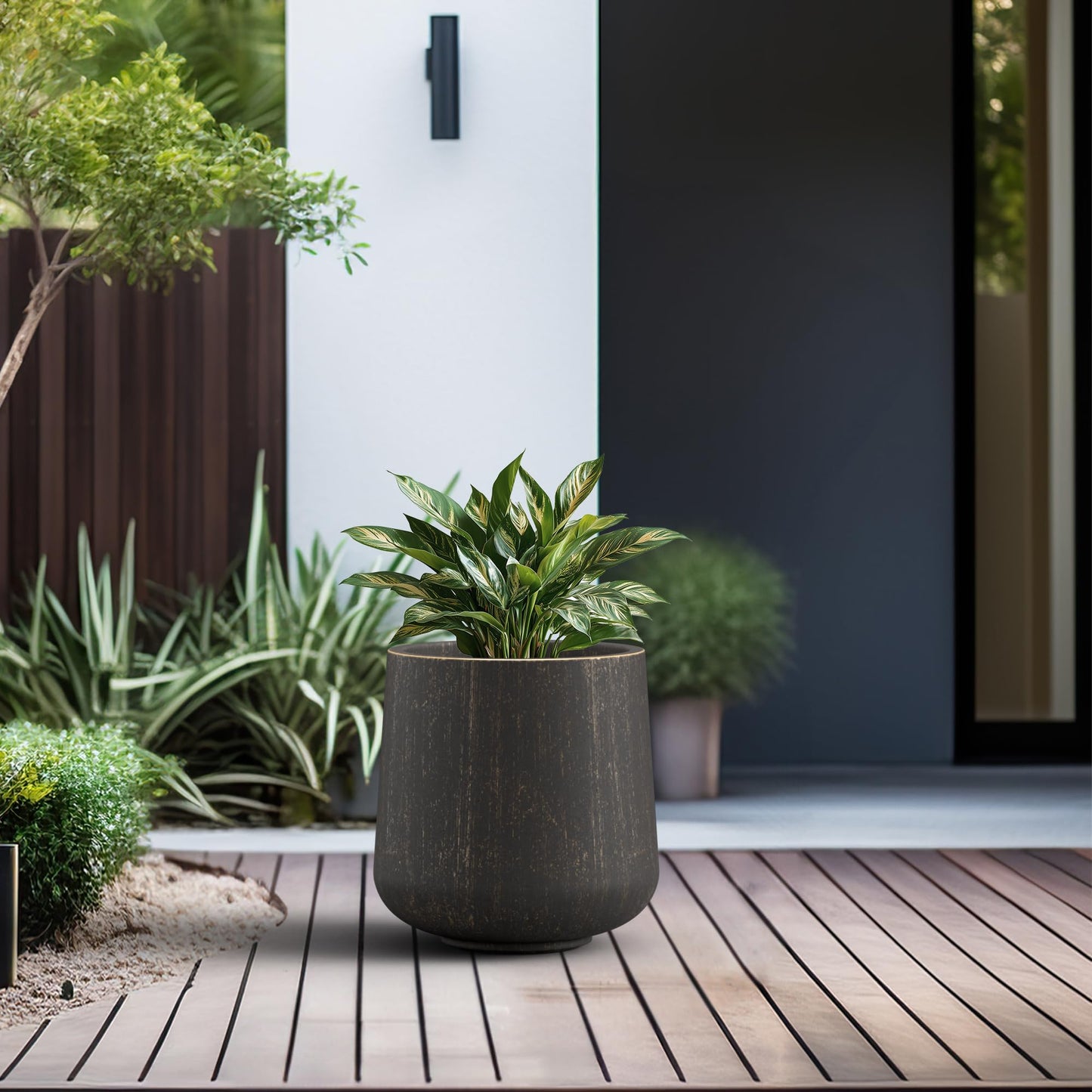 Kante 11.6" Dia Round Concrete Planter, Outdoor Indoor Large Plant Pots Containers with Drainage Hole and Rubber Plug for Home Garden Patio, Oil Rubbed Bronze