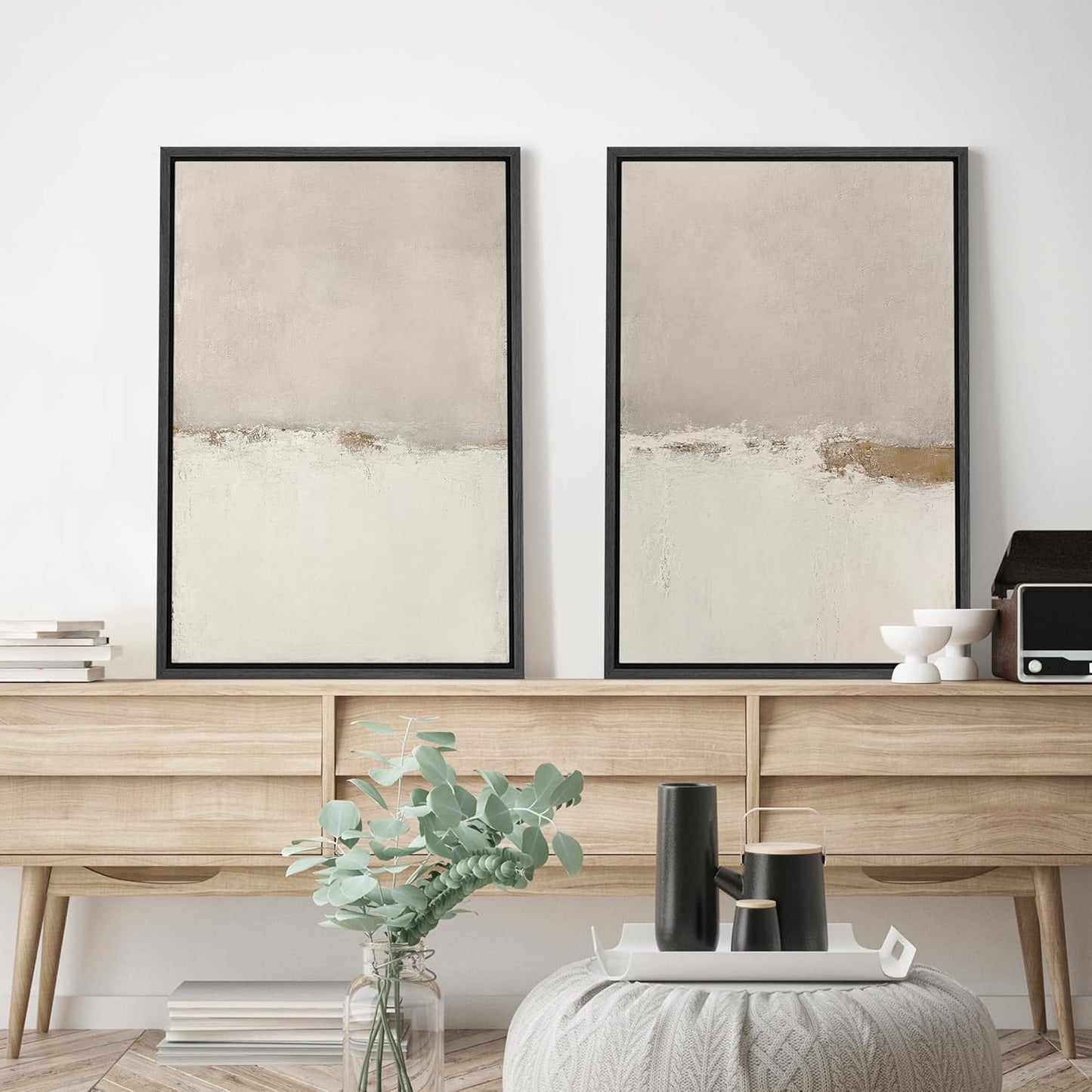 SIGNWIN Framed Canvas Print Wall Art Beige Gray Paint Strokes Abstract Grunge Landscape Prints Modern Art Minimalist Neutral Decor for Living Room, Bedroom, Office - 24"x36"x2 Black