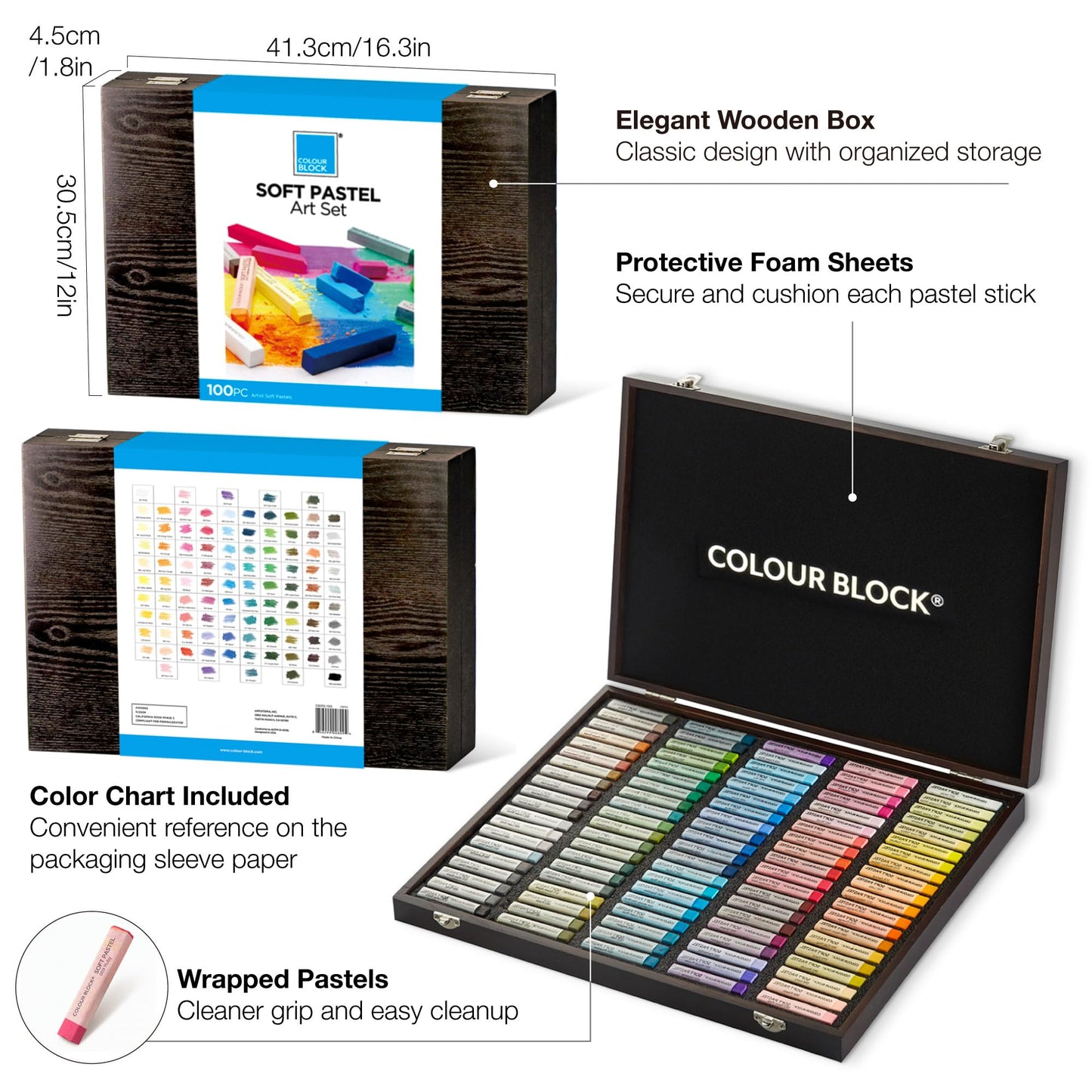 COLOUR BLOCK Soft Pastels for Artists - 100 Colors Square Chalk Pastels Set in Wooden Box - Vibrant Pigments Art Kit for Painting, Drawing, Sketching, Hobbyists.