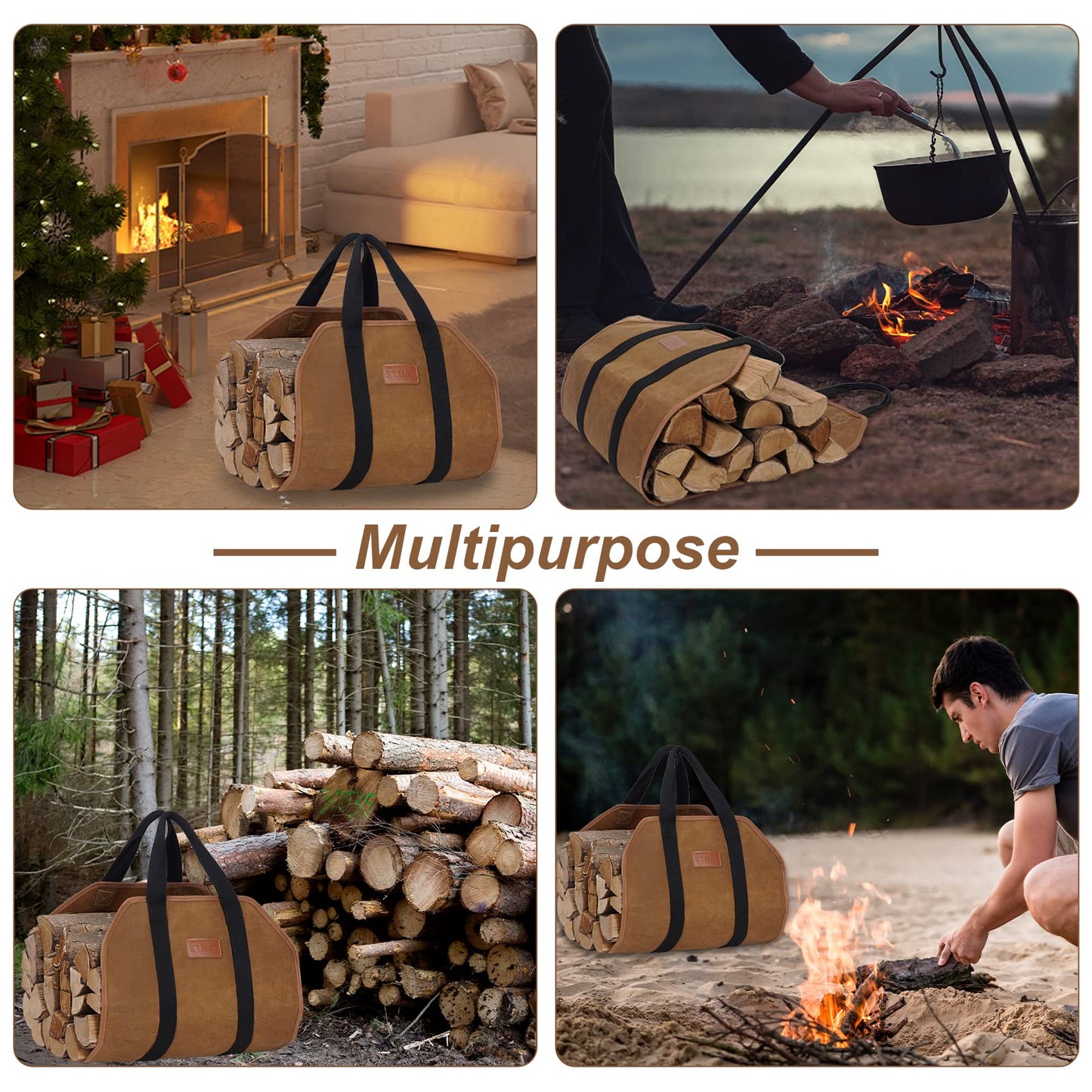 Waxed Canvas Firewood Log Carrier, Heavy Duty Sturdy Large Log Tote Bag for Fire Wood, Firepit Outdoor Camping, BBQ, Fireplace, Wood Stove Accessories,Brown
