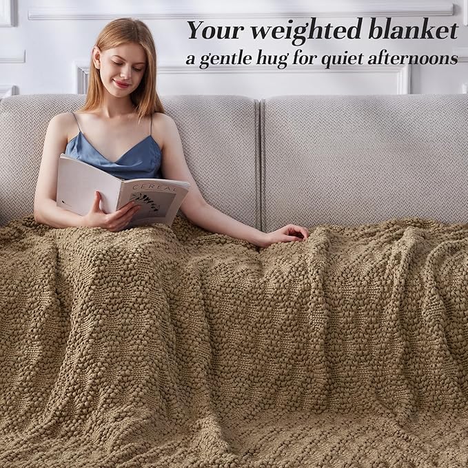 Knitted Weighted Blanket for Adult, Chunky Knit Weighted Throw for Sleep 60"*80" 15lbs, Cooling Breathable Machine Washable Fall Heavy Blanket for Room Decor (Beige, Queen)