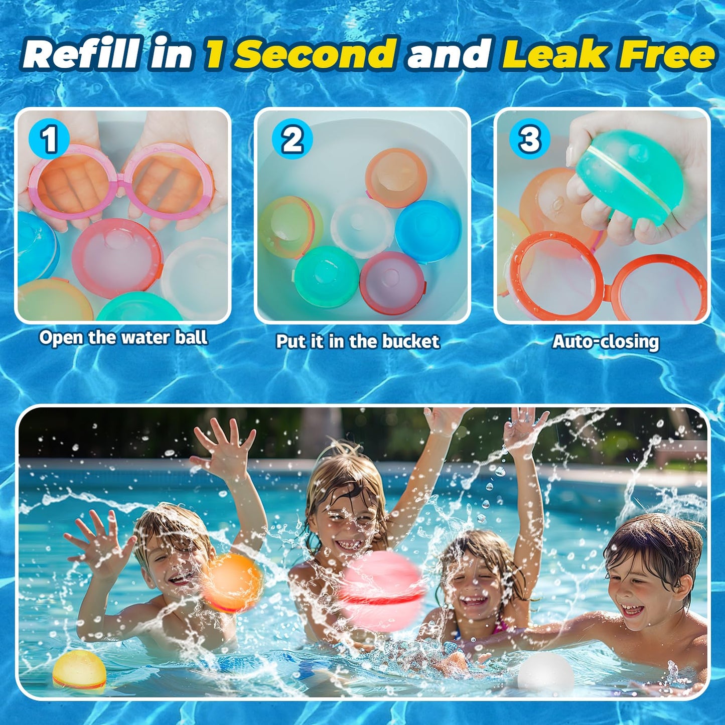 WABALLO 24Pcs Reusable Water Balloons, Magnetic Water Balls Quick Fill, Self-Sealing Water Toys for Kids Outdoor Games, Summer Pool Beach Party Fun