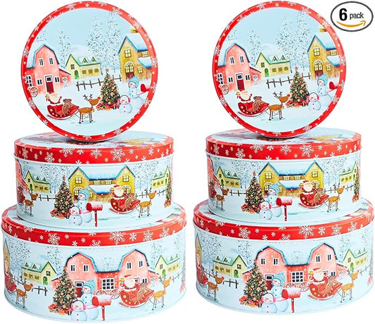 Pack of 6 Christmas Cookie Tins With Lids, Festive Holiday Cookie Tins for Treats & Gifts, Multipurpose Storage Container for Cookies, Snacks & More With Multicolor Christmas Wonderland Design
