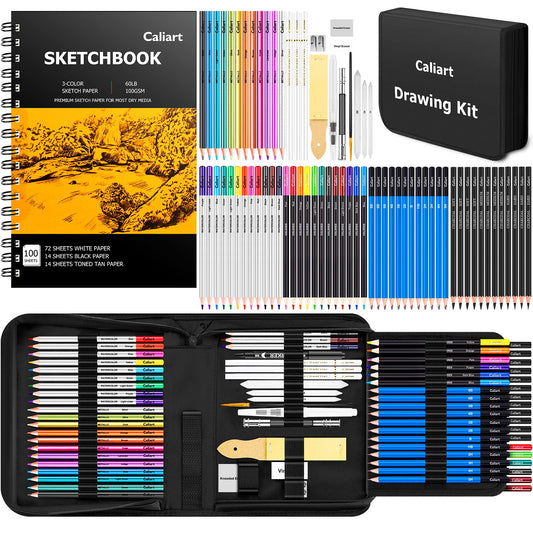 Caliart 176PCS Art Supplies Sketching Kit with 100 Sheets 3-Color Sketch Book, Graphite Colored Charcoal Watercolor & Metallic Pencils, Drawing Set Gifts for Adults Teens Girls Boys Kids