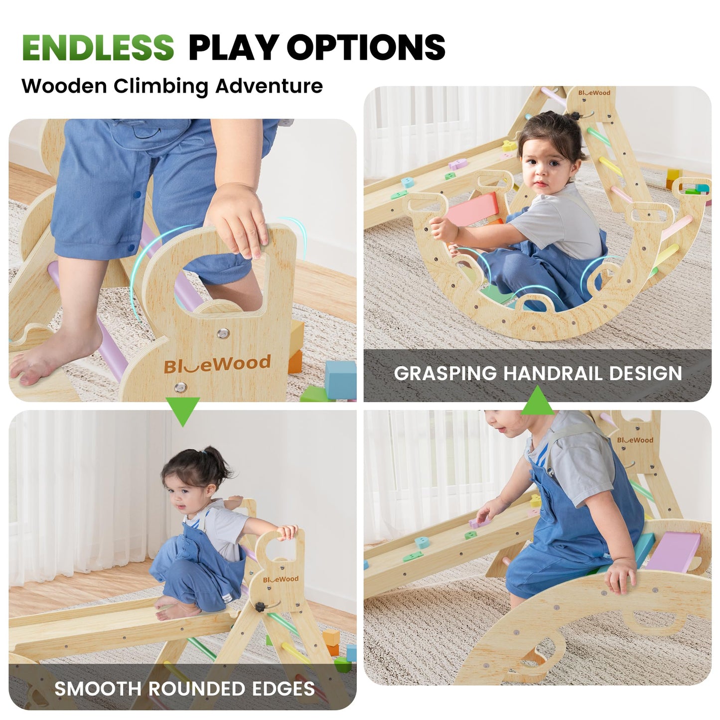 BlueWood Pikler Triangle Set 7in1 Foldable Baby Climbing Toys Wooden Montessori Climbing Set with Arch&Ramp&Ladder Baby Climber Indoor Jungle Gyms for Toddlers Montessori Toys- Rainbow