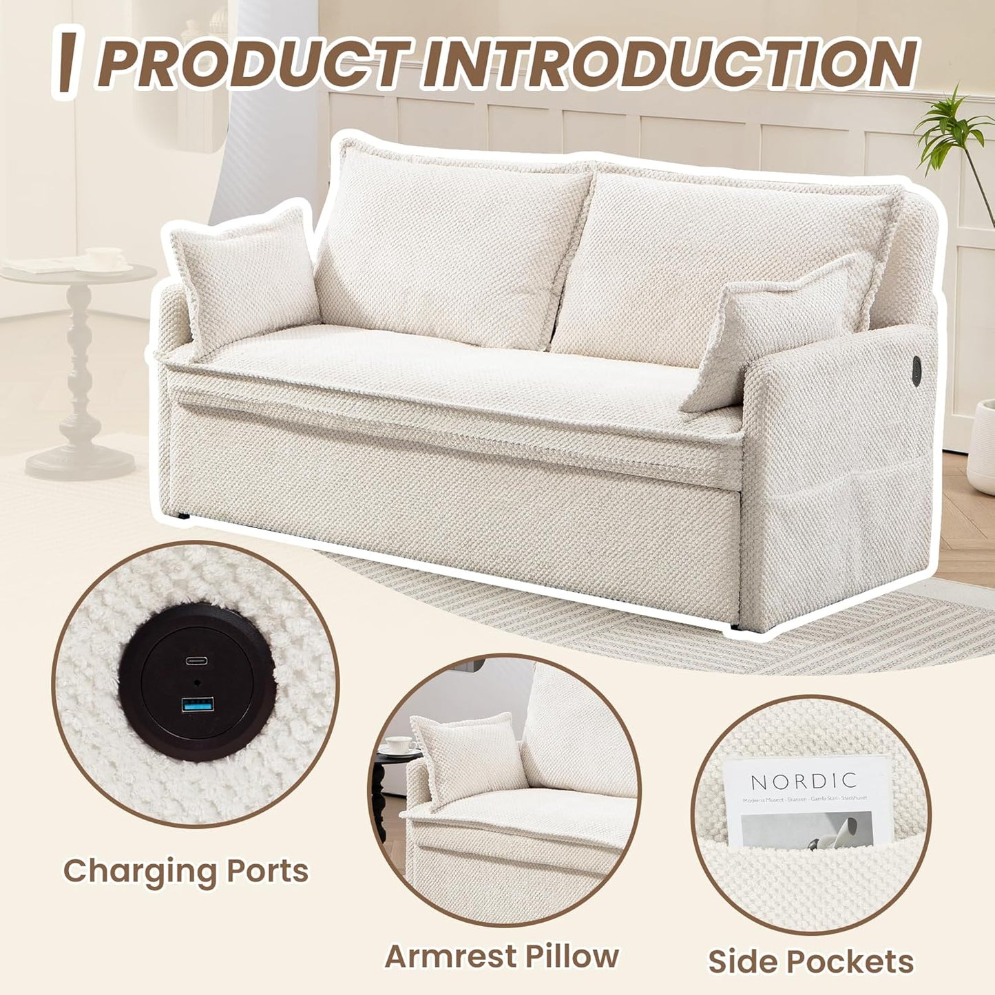 Furnimart 59.5" Queen Size Pull Out Sofa Bed, 3 in 1 Convertible Sleeper Bed with USB/C-Type Charging Ports & Side Pockets, Modern Futon Couch for Living Room, Apartment, RV, Corduroy White