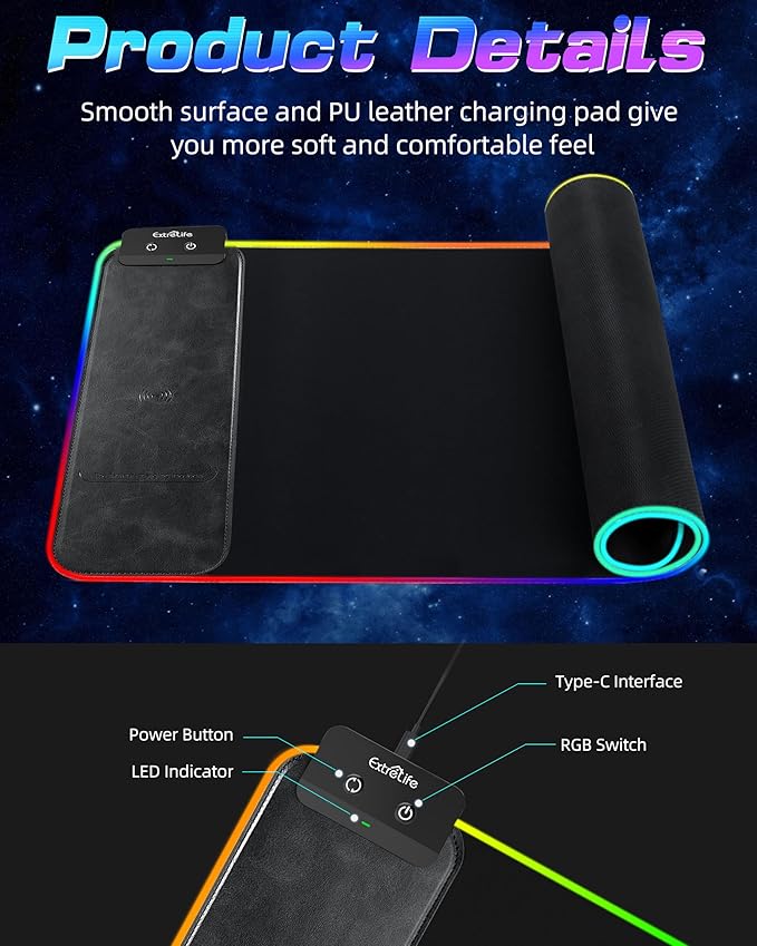 Wireless Charging RGB Gaming Mouse Pad 10W, 31.5"x11.8" Large Desk Mat, Led Mouse Pad, 9 Light Modes, Non-Slip Rubber Base, Waterproof Computer Keyboard Mat for Gaming Home Office, Black with Adapter