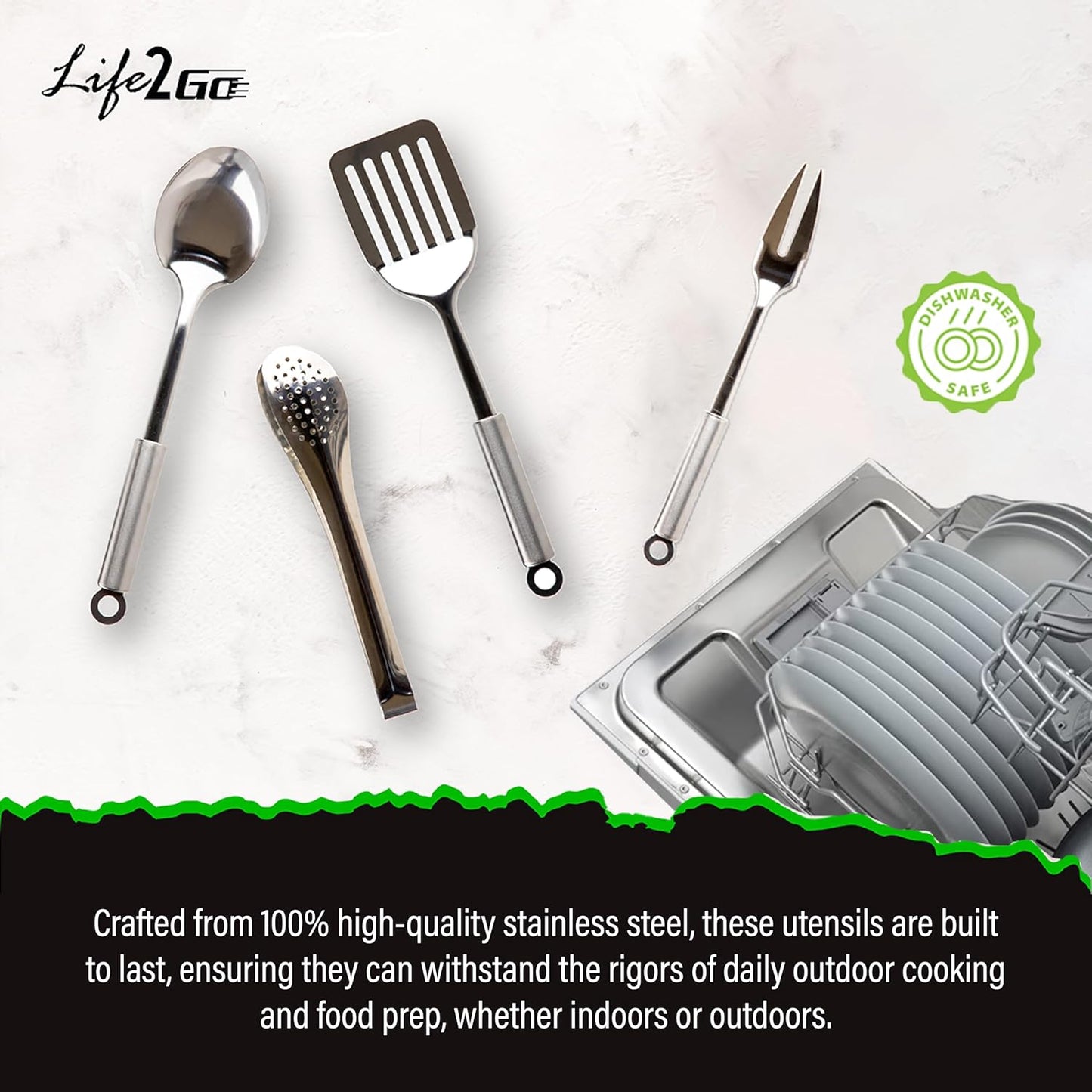 Life2Go 12 Piece Camp Cooking Utensil Set & Outdoor Kitchen Gear Cookware Kit, Portable Compact Carry Case for Camping, Hiking, Travel, BBQ Grilling Stainless Steel Accessories Spoon & Fork, Gray