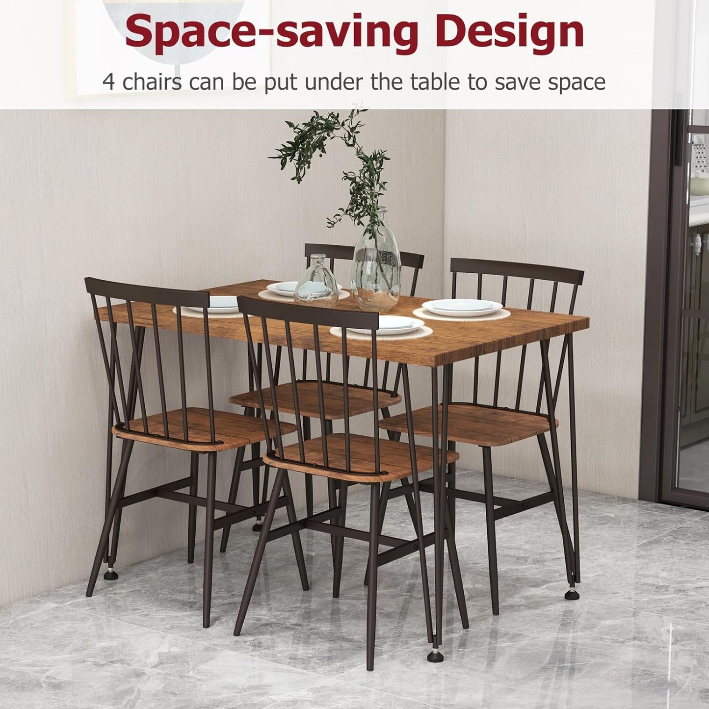 Tangkula Dining Table Set for 4, Kitchen Table and Chairs Set of 4 w/Metal Frame, 360° Swivel Feet, Space-Saving Dinette Table Set for Living Room, Restaurant, Breakfast Nook (Teak)