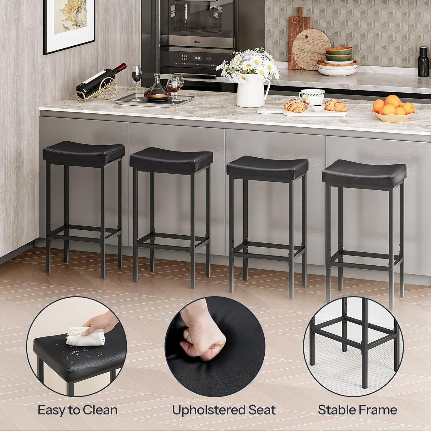 HOOBRO Bar Stools,Set of 4 Bar Chairs, Counter Height Stools, Saddle Barstools, Set of 4 Kitchen Stools, 24.8 Inches Barstools, 2.4" Thick Upholstery, for Kitchen, Dining Room, Black BB10BYP401