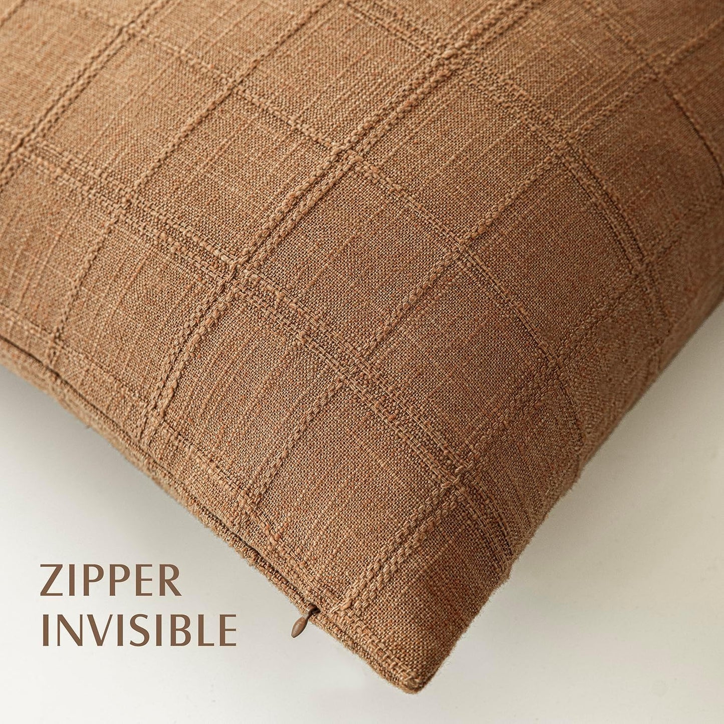 Foindtower Set of 2 Decorative Linen Check Throw Pillow Covers Neutral Farmhouse Vintage Cushion Covers Modern Boho Home Decor for Sofa Chair Couch Bedroom Living Room Outdoor,16×16 Inch,Brick
