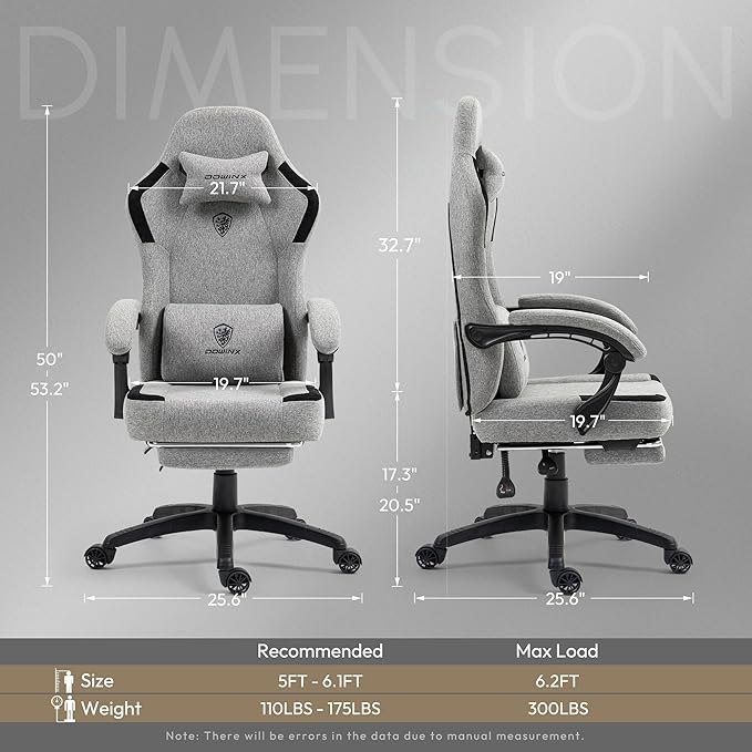 Dowinx Fabric Gaming Chair with Pocket Spring Cushion,Breathable Computer Chair with Massage Lumbar Support and Footrest,High Back Game Office Chair for Adult,Grey