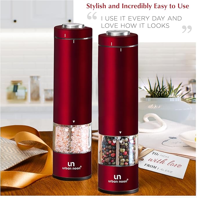 Electric Salt and Pepper Grinder Set - 2 Battery Operated Stainless Steel Mills with Light (Elegant Red Burgundy) - Automatic One Handed Operation - Electronic Adjustable Shakers - Ceramic Grinders