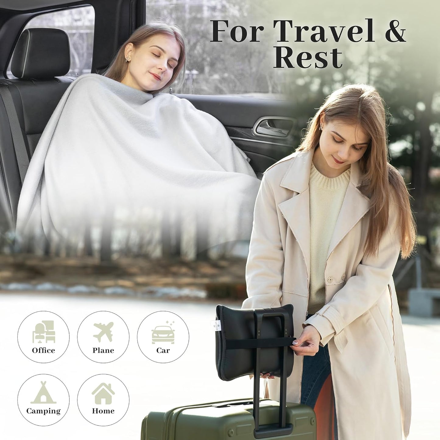 Elvasa Travel Blanket and Pillow Set – Compact Lightweight Throw for Train, Car – Small, Portable Fleece – Long Flight Must Haves – Airplane Comfort Kit – Multi-Use Quillow for Travel (Black)