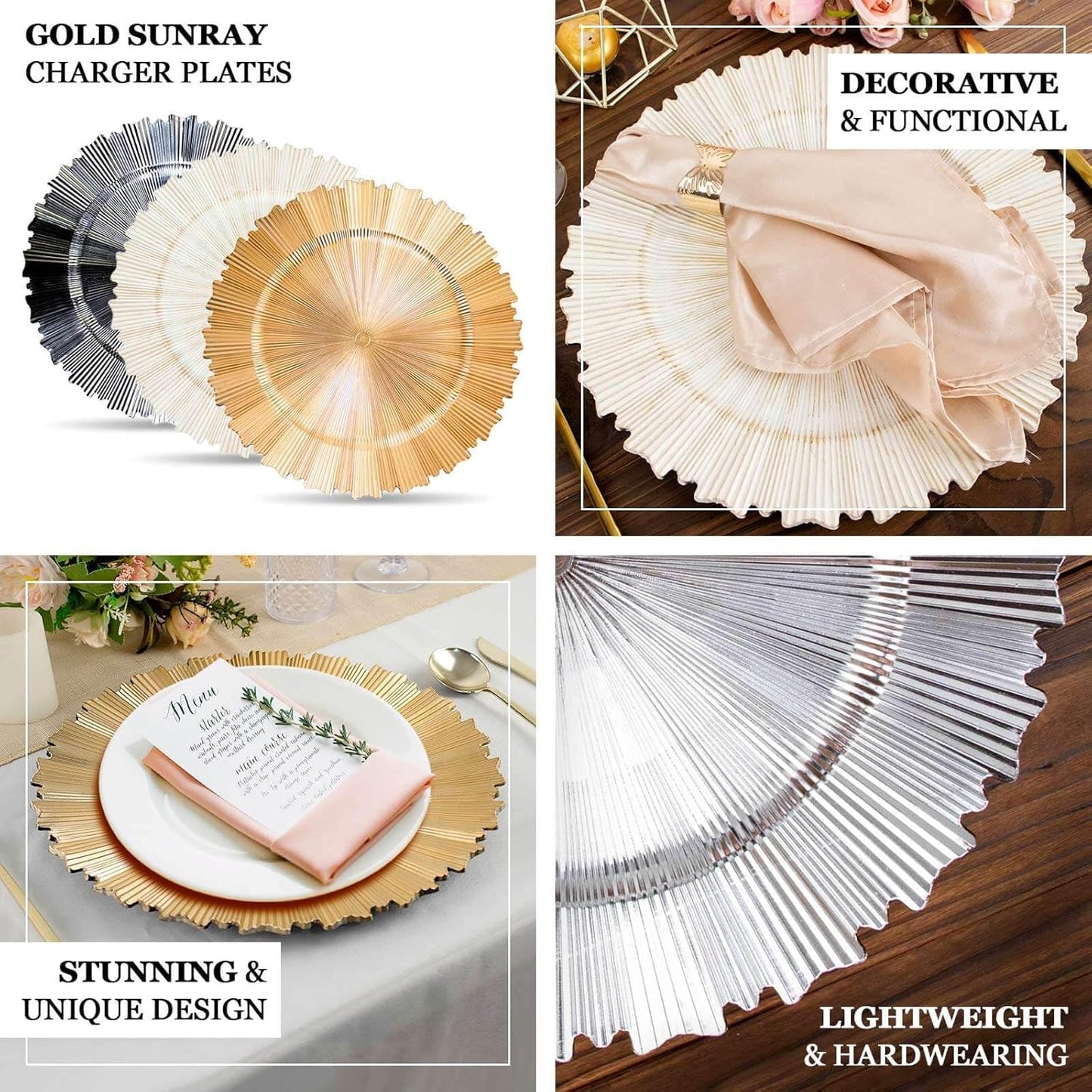 Efavormart 6 Pack | 13" Metallic Gold Sunray Acrylic Plastic Serving Plates, Round Scalloped Rim Disposable Charger Plates