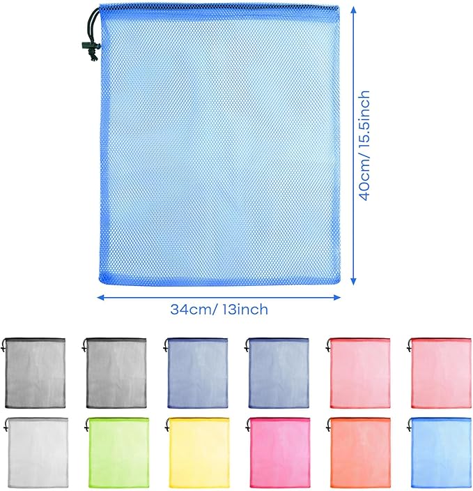 PLULON 12 Pcs Mesh Bag Drawstring Mesh Laundry Bags, 13 x 15.5 Inch Nylon Drawstring Bag for Pool Beach Ball Toys Storage Bag for Collecting Travel Sports Gym (Multicolor)