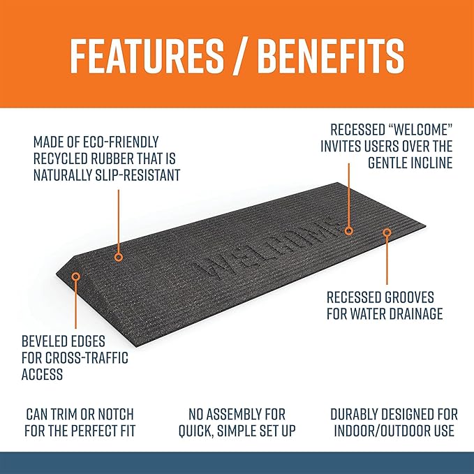 EZ-ACCESS TRANSITIONS 1.5 Inch Low Pile Transitional Non Slip Rectangular Rubber Angled Welcome Entry Mat Ideal for Indoor and Outdoor Use, Black