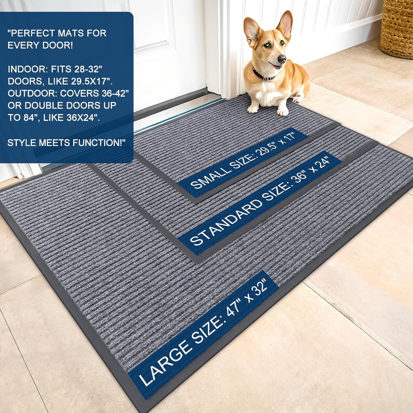 OLANLY Front Door Mat Indoor Outdoor Entrance, Waterproof Heavy Duty Doormat, Fade Resistant, Low Profile, Easy Clean Patio Porch Welcome Floor Mats for Entry, 59x23, Light Gray