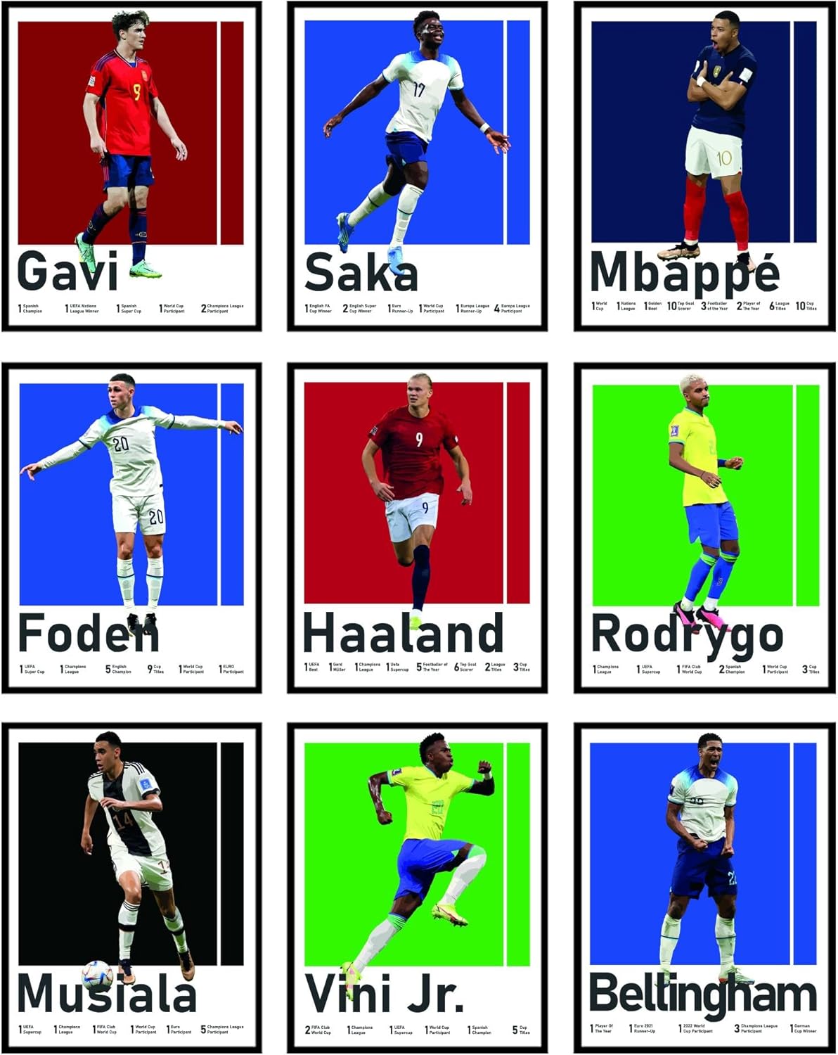 BigWig Prints Soccer Posters for Boys Bedroom - Soccer Player Posters, Erling Haaland Poster, Mbappe, Rodrygo, Gavi, Vini Jr, Saka, Foden, Musiala, Bellingham - Unframed Set of 9 (8x10”)