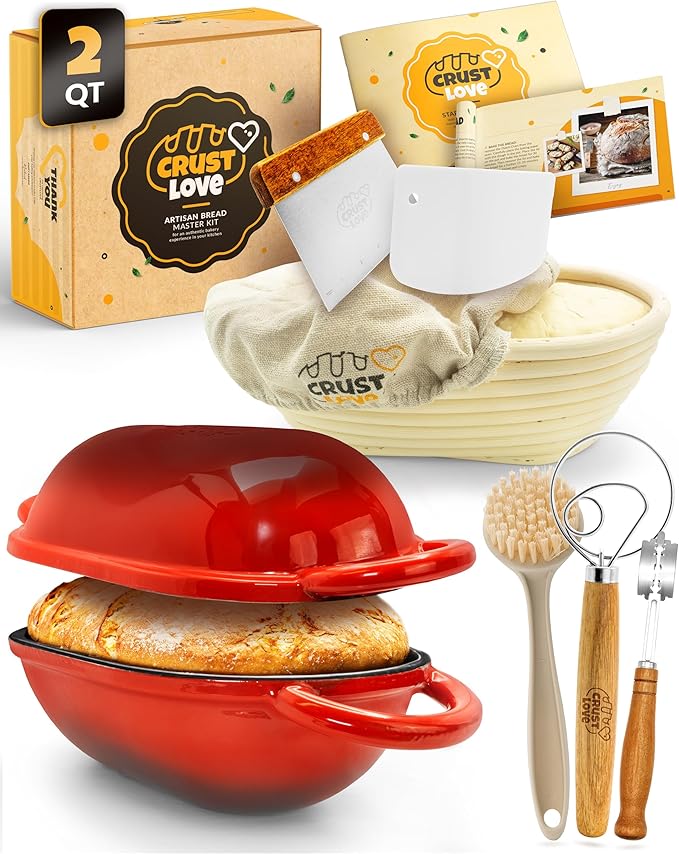 Loaf Pan for Bread Baking - incl. Sourdough Bread-Baking Supplies like Banneton Bread-Proofing Basket - 2QT Enameled Oval Cast Iron Dutch Oven, Bread-Oven, Sour Dough Bread-Banking-Pan Tools
