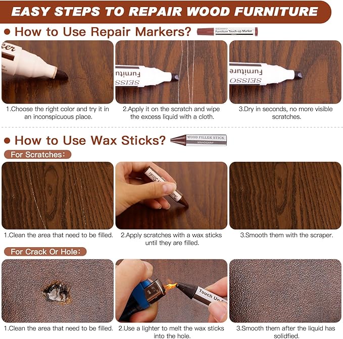 SEISSO Furniture Markers Touch Up, 25 Pcs Wood Furniture Repair Kits, Wood Markers and Wax Sticks with Wax Oil for Scratches Stains Cover-Ups Hardwood Wooden Floors Tables Cabinet Bedposts