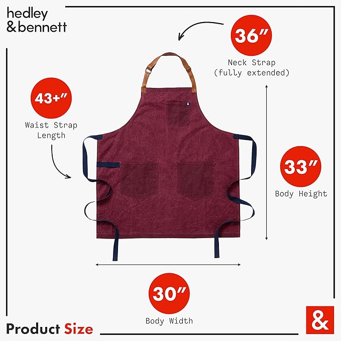 hedley & bennett Waxman Apron - 100% Cotton, Water Resistant, Heavy Duty Waxed Canvas Apron with Pockets & Adjustable Strap for Grilling, Baking, BBQ, Cooking - Professional Chef Apron - Napa Valley