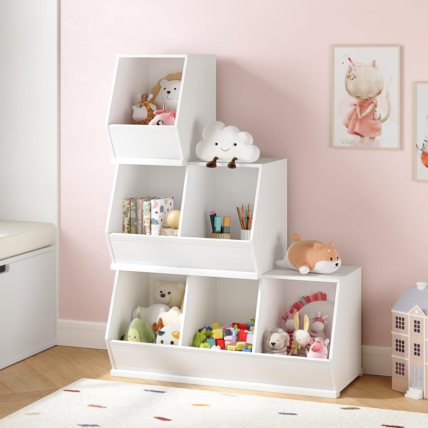 UTEX Stackable Toy Storage Cabinet, Wooden Cubby Organizer, White Shelf for Playroom, Bedroom, Living Room, Nursery, 3 Cubes