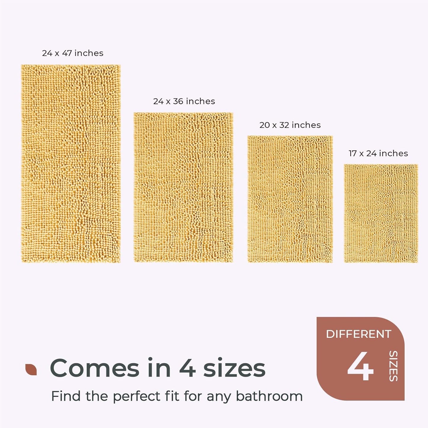 FRESHMINT Chenille Bathroom Rugs Mat 24"x17", Non-Slip Bath Mat for Bathroom Floor & Bathtub, Washable Soft Shower Shag Bath Rugs, Durable Fluffy Thick Water Absorbent Microfiber Shower Mat, Yellow